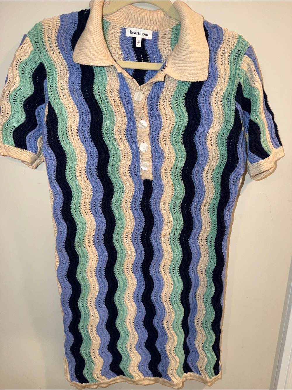Heartloom Cream, Light Blue, Navy & Mint Wavy Knit V-Neck Dress